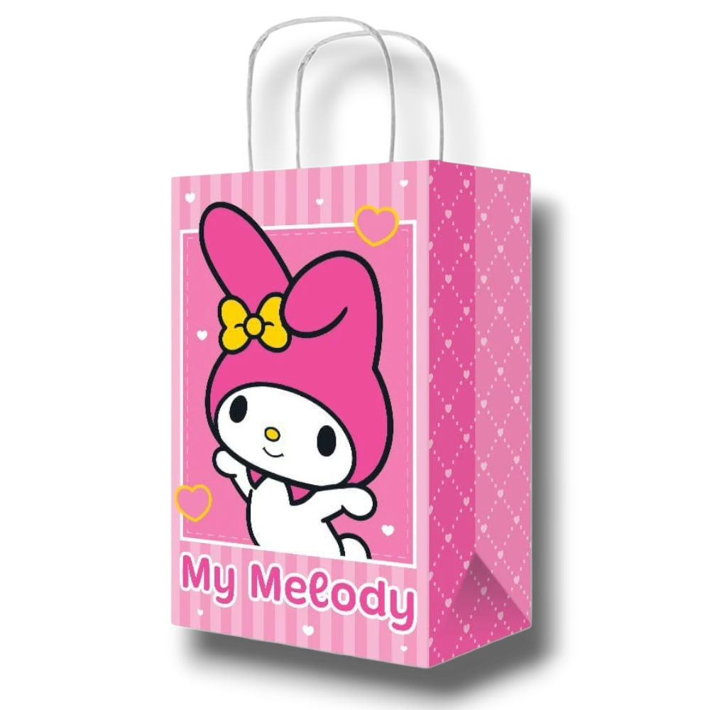 Bolsa dulcera PartyStore de My Melody en color rosa con diseño de rayas y corazones, ideal para fiestas infantiles.
