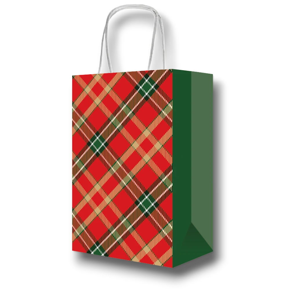 Bolsa dulcera PartyStore con estampado de cuadros escoceses en rojo, verde y dorado para regalos de Navidad