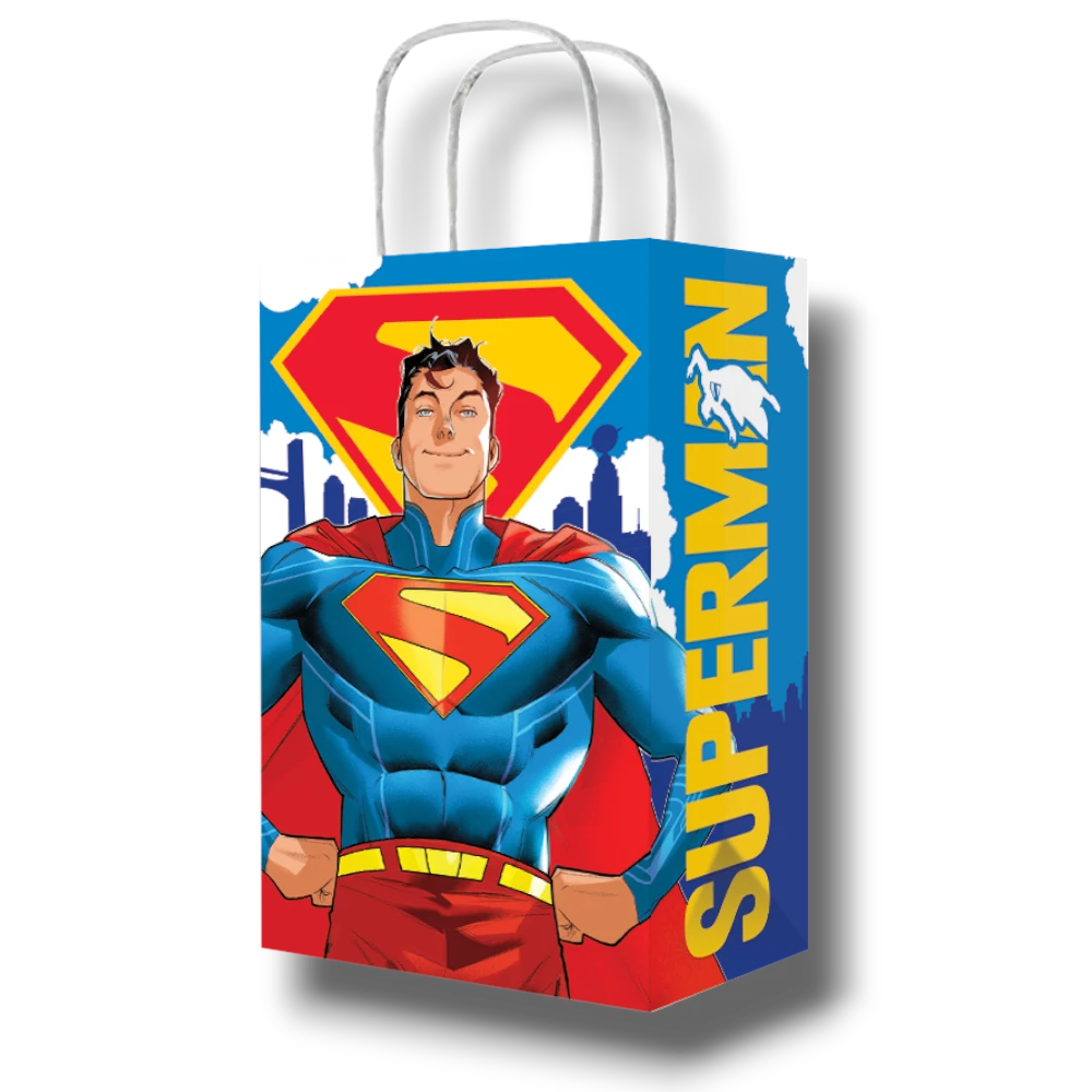 Bolsa dulcera PartyStore de Superman con diseño de superhéroe en azul, rojo y amarillo con asas blancas
