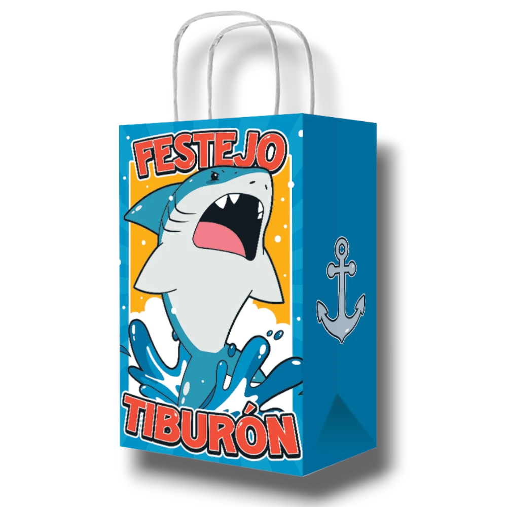 Bolsa dulcera PartyStore con diseño de tiburón y ancla, ideal para fiestas infantiles con temática marina.
