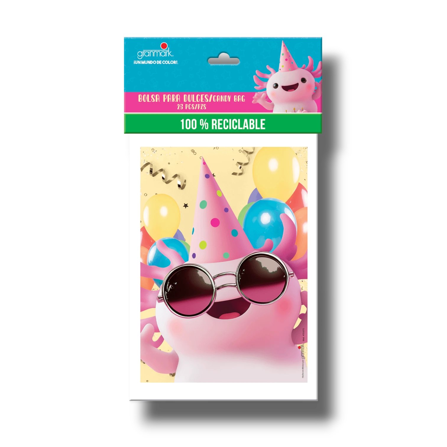 Paquete de 25 bolsas para dulces PartyStore con diseño de axolote rosa, globos y gorro de fiesta, 100% reciclables