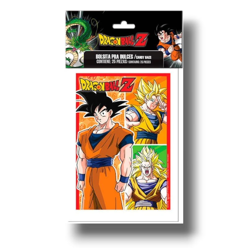 Bolsa de dulces Dragon Ball Z de PartyStore con diseño de Goku en diferentes transformaciones para fiestas infantiles