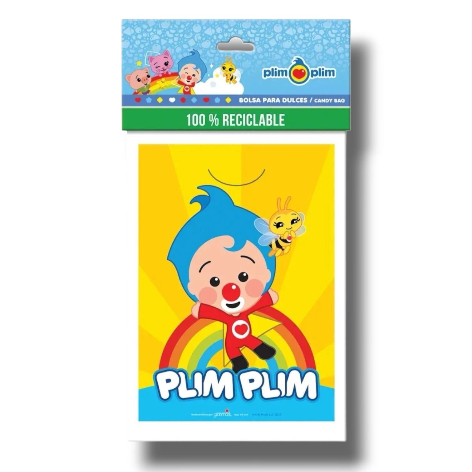 Bolsa para dulces PartyStore con diseño colorido de Plim Plim, arcoíris y abeja, ideal para fiestas infantiles.