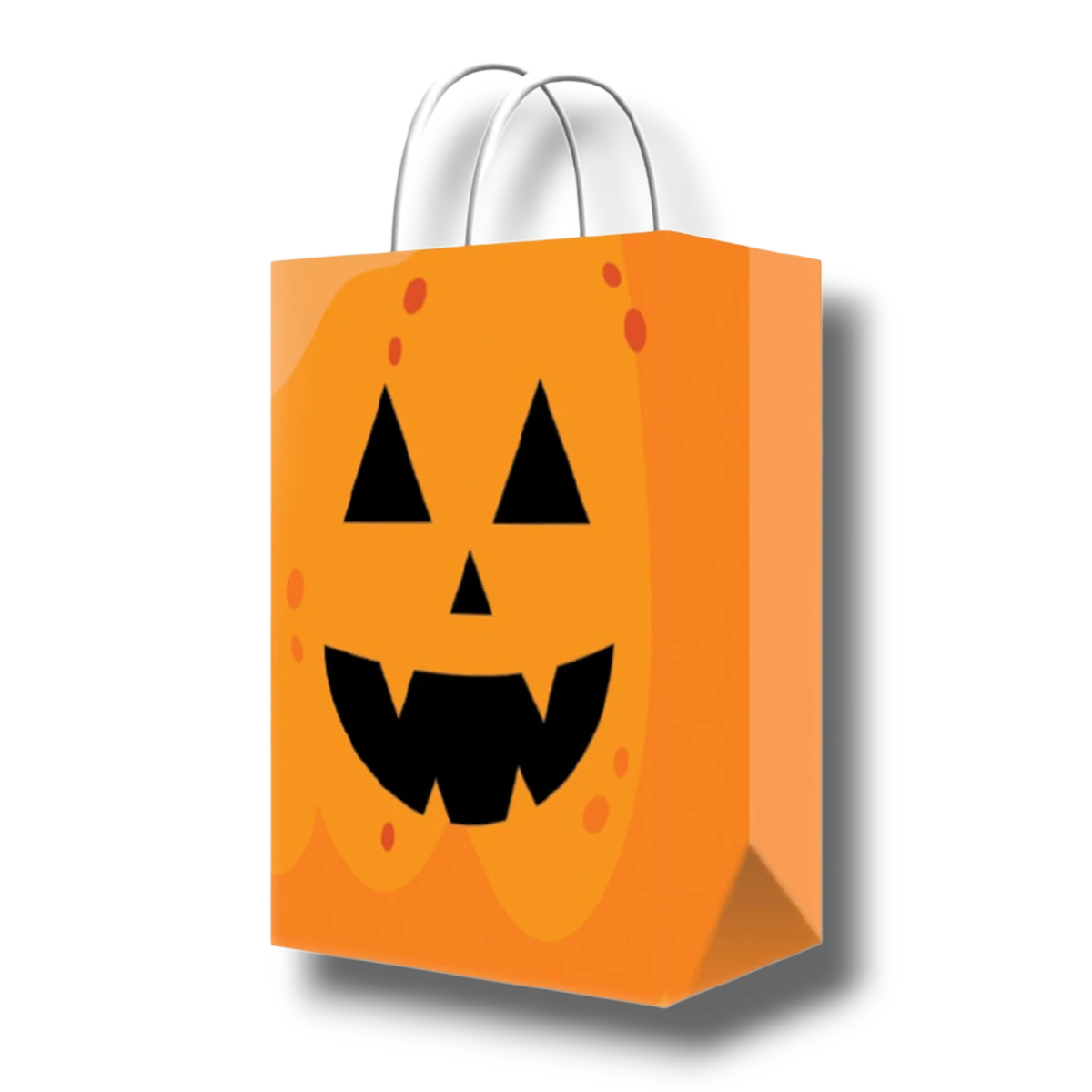 Bolsa de papel naranja PartyStore con diseño de cara de calabaza de Halloween y asas blancas