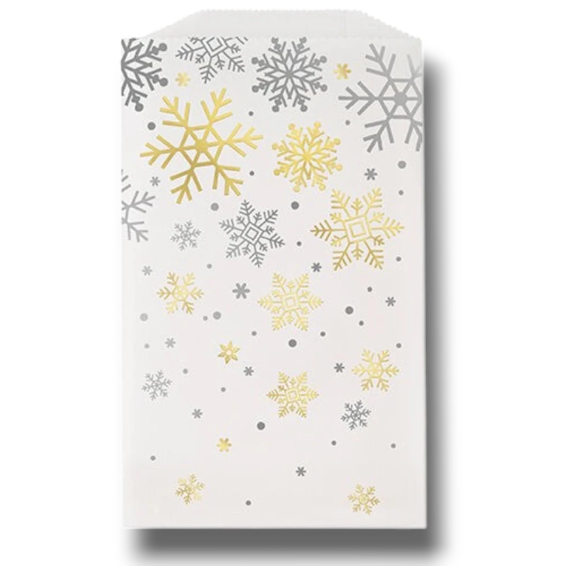 Bolsa de papel PartyStore blanca con estampado de copos de nieve en tonos dorados y plateados para galletas