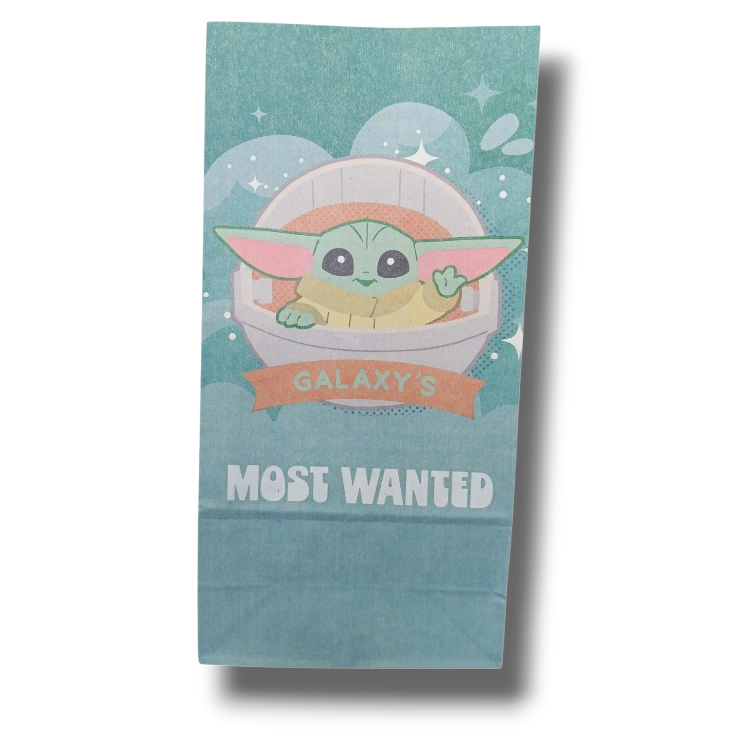 Bolsa de papel PartyStore con diseño de Grogu de The Mandalorian y texto Galaxy's Most Wanted en color azul claro
