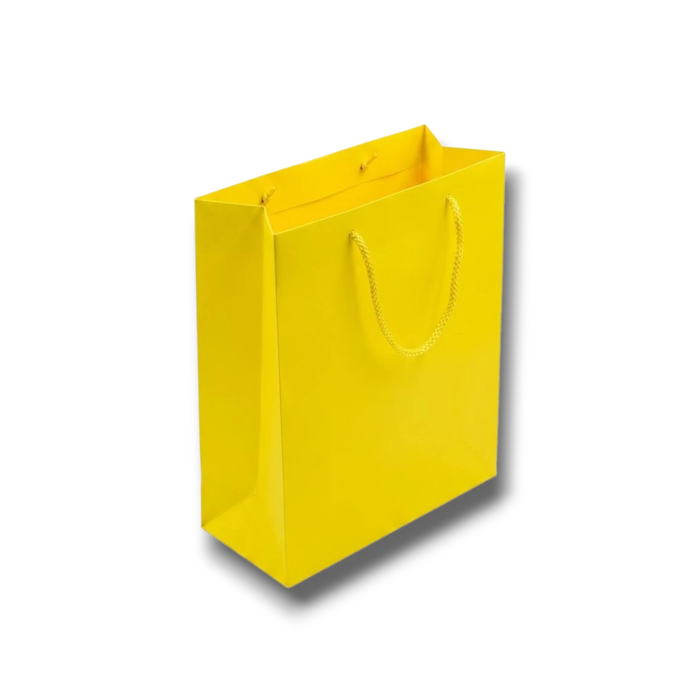 Bolsa de regalo mediana PartyStore de color amarillo con asas de cuerda a juego sobre fondo blanco