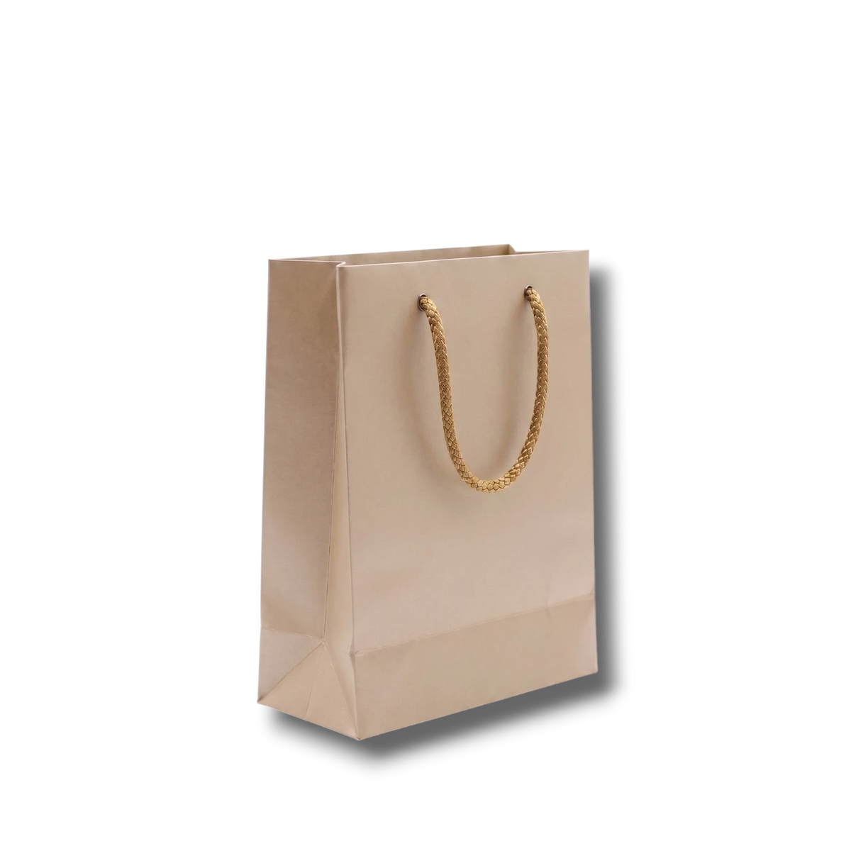 Bolsa de regalo mediana PartyStore color arena con asas de cuerda dorada trenzada sobre fondo blanco
