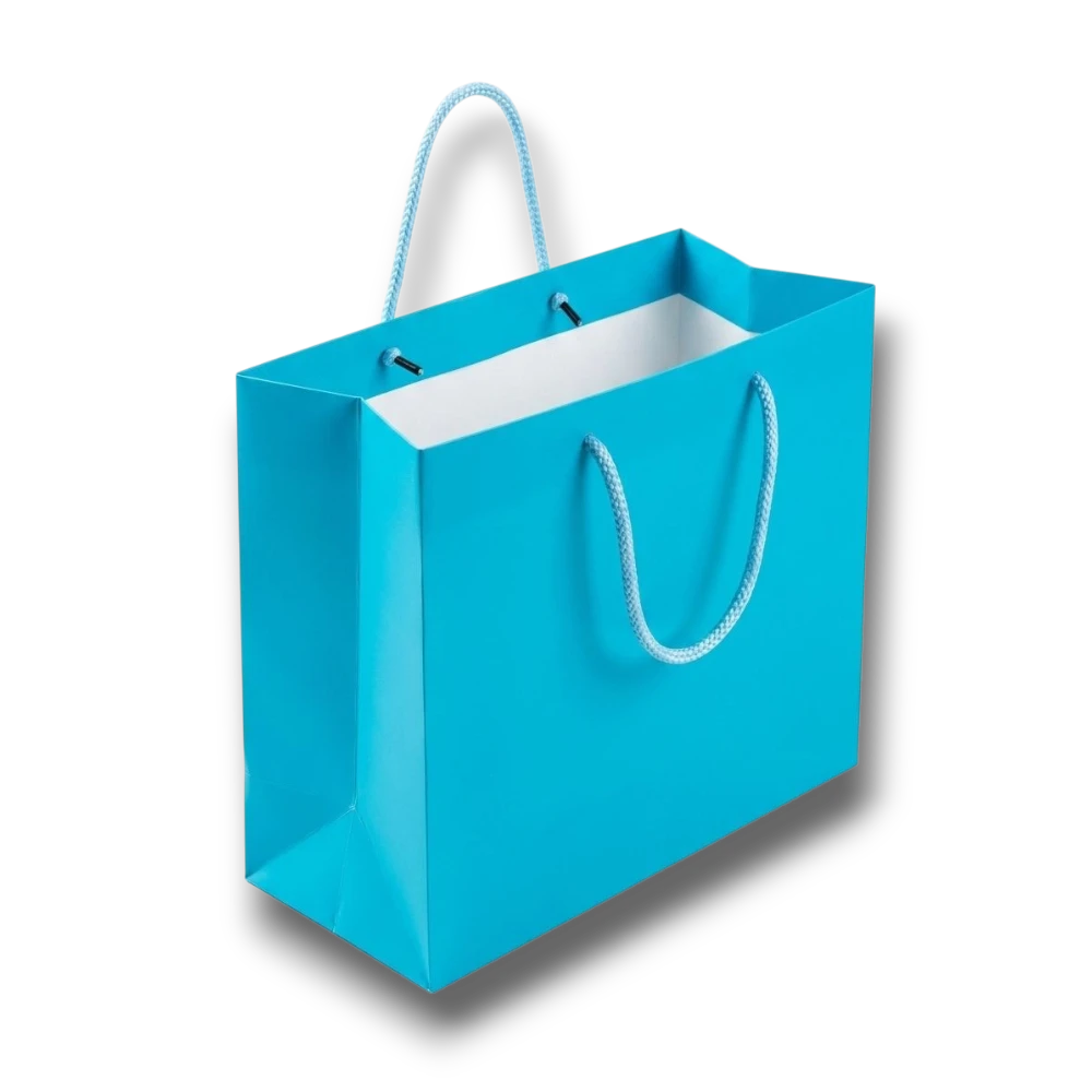 Bolsa de regalo mediana PartyStore en color azul agua con asas de cuerda trenzada y acabado boutique