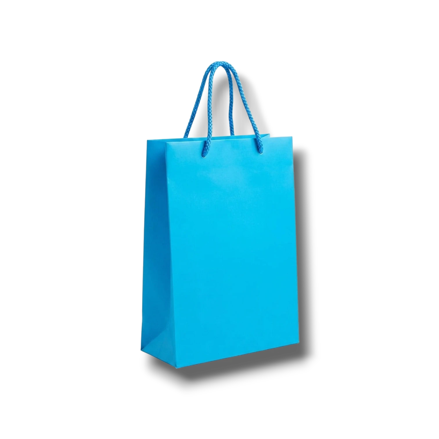Bolsa de regalo mediana PartyStore color azul bebe con asas de cuerda trenzada sobre fondo blanco