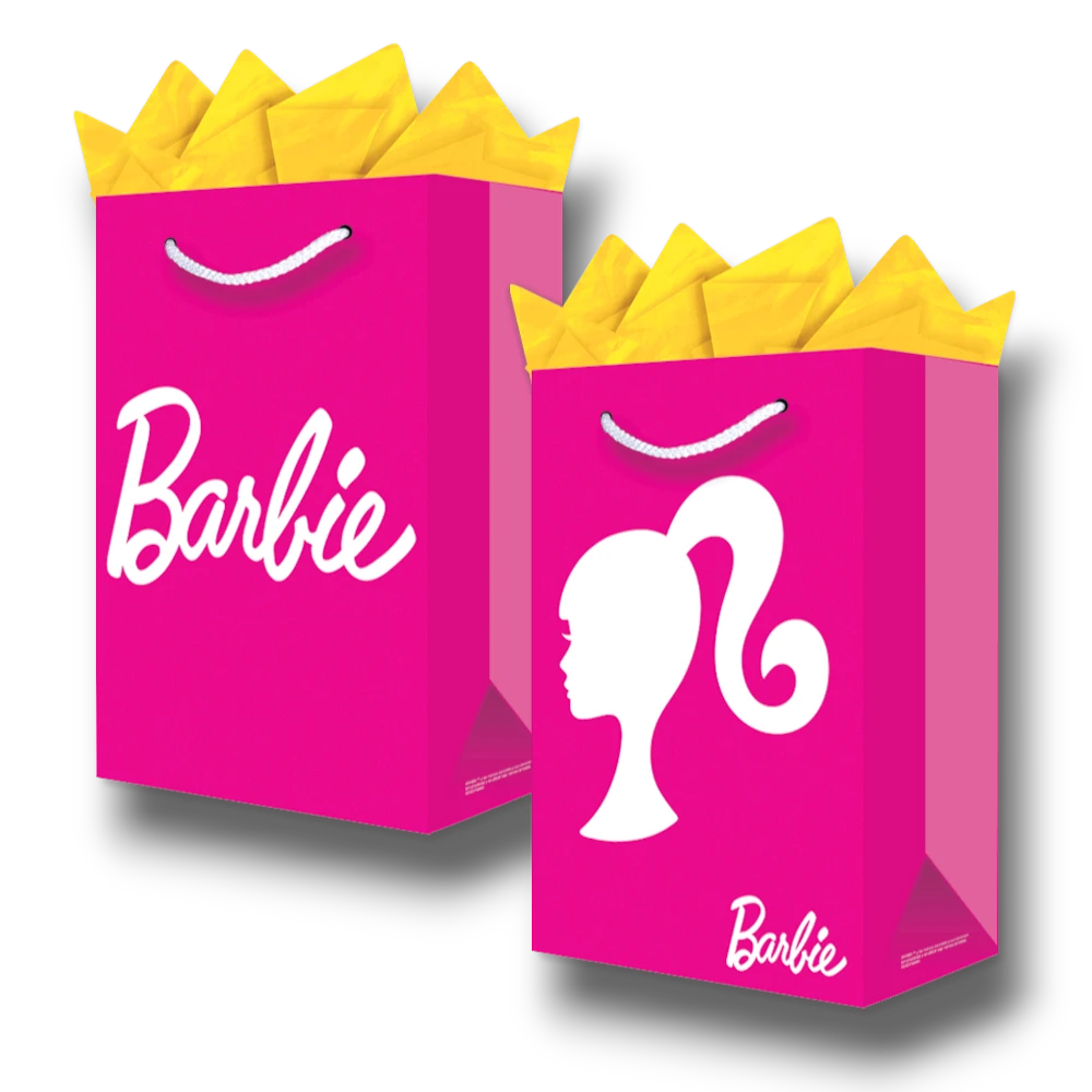 Bolsa de regalo grande PartyStore con diseño de Barbie en color rosa intenso y papel de seda amarillo