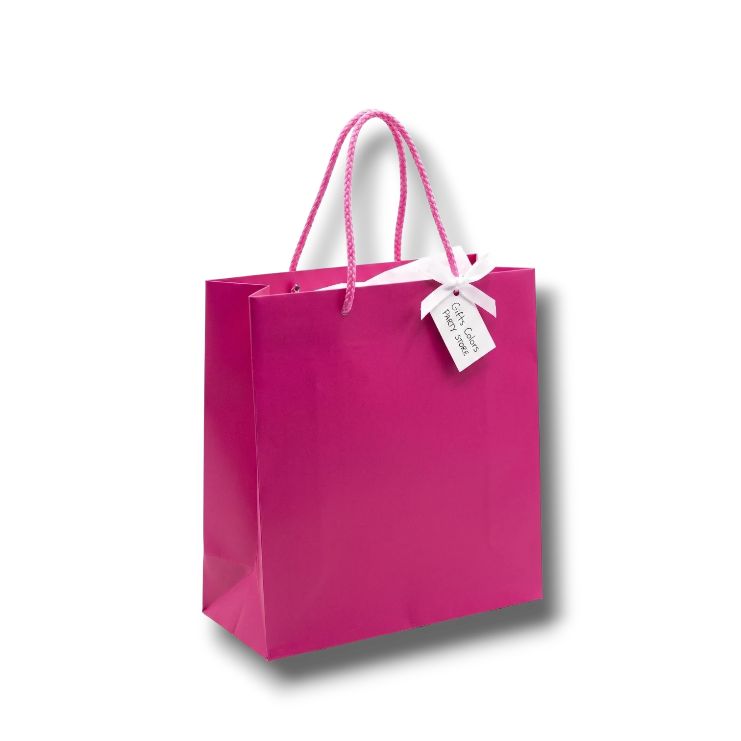Bolsa de regalo PartyStore color bugambilia con asas trenzadas y etiqueta decorativa blanca, 26x19x12 cm.