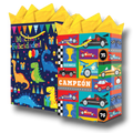 Bolsa de regalo grande PartyStore con diseño de dinosaurios coloridos y coches de carreras estilo neón