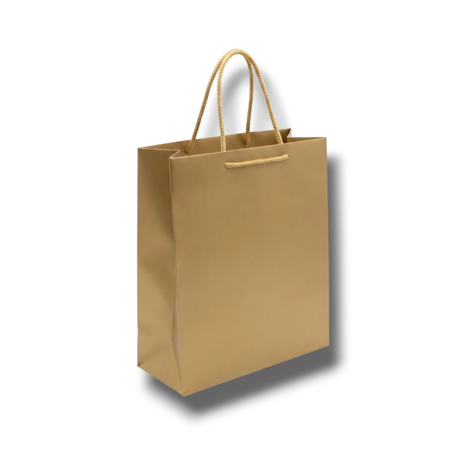 Bolsa de regalo mediana PartyStore en color dorado con asas de cuerda trenzada sobre fondo blanco