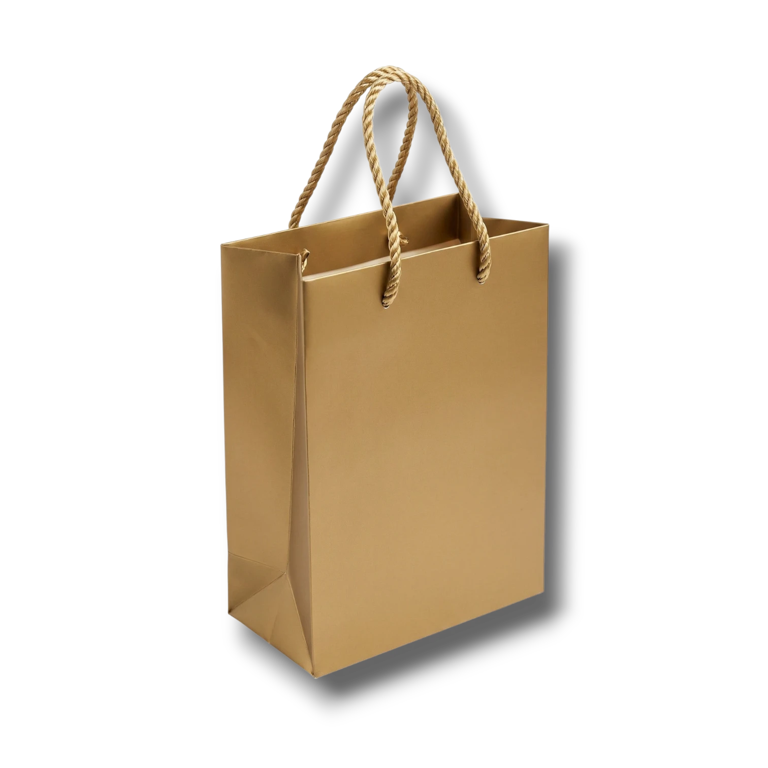 Bolsa de regalo PartyStore dorada con acabado metálico y asas de cuerda trenzada, 27cm de alto