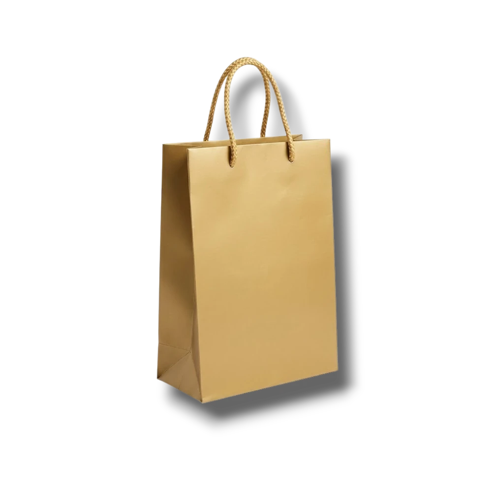 Bolsa de regalo PartyStore color dorado con asas trenzadas, ideal para perfumería, 22cm de alto.