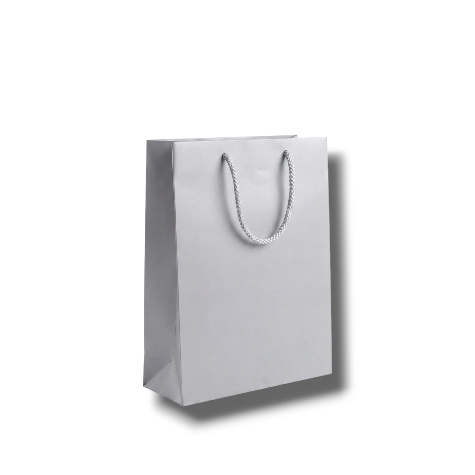 Bolsa de regalo PartyStore color gris de 27cm de alto con asas de cuerda trenzada sobre fondo blanco