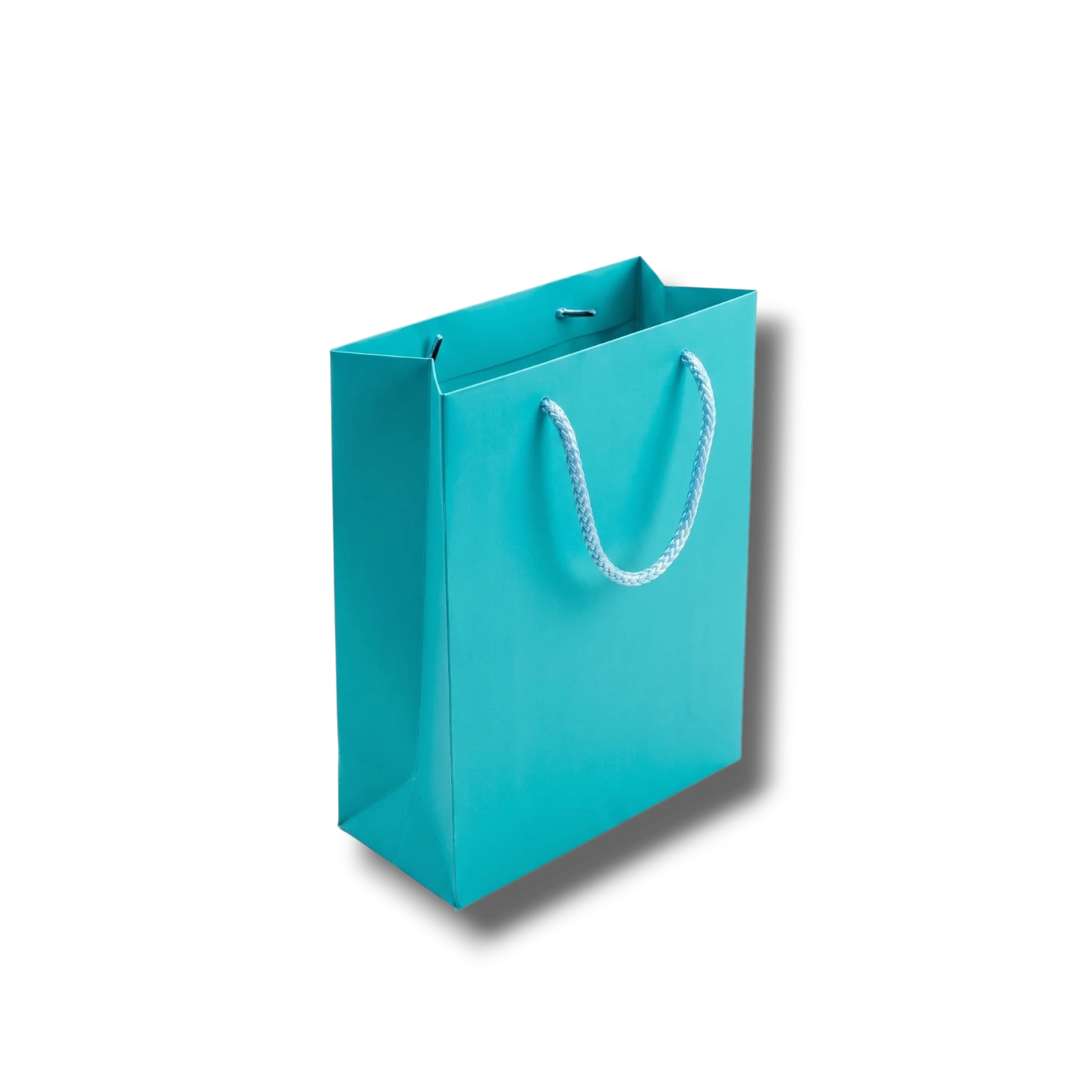 Bolsa de regalo mediana PartyStore color aqua con asas de cordón trenzado, vista en ángulo sobre fondo blanco.