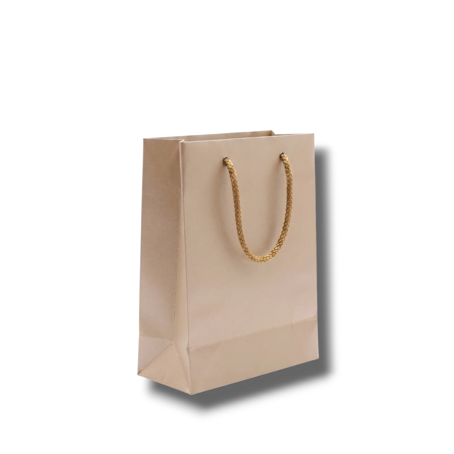 Bolsa de regalo mini color arena de PartyStore con asas trenzadas doradas sobre fondo blanco