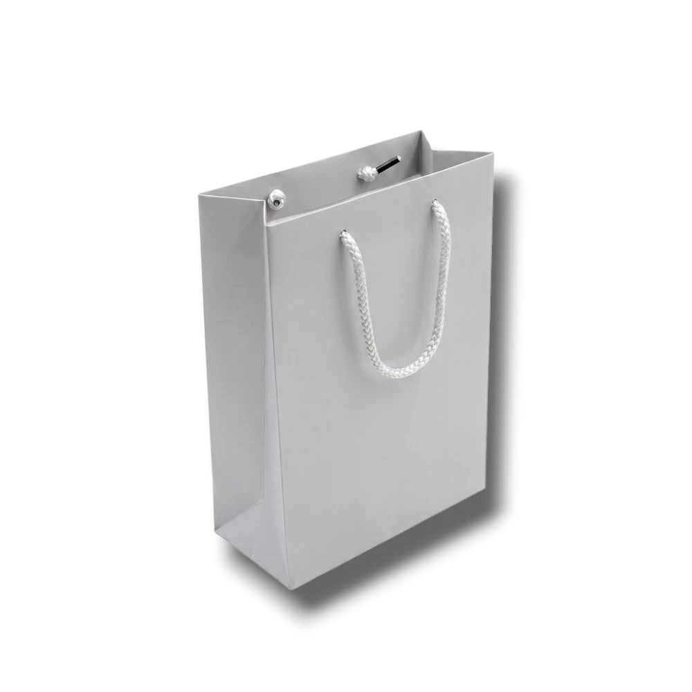 Bolsa de regalo mini color plata de PartyStore con asas de cuerda blanca, ideal para detalles y obsequios.