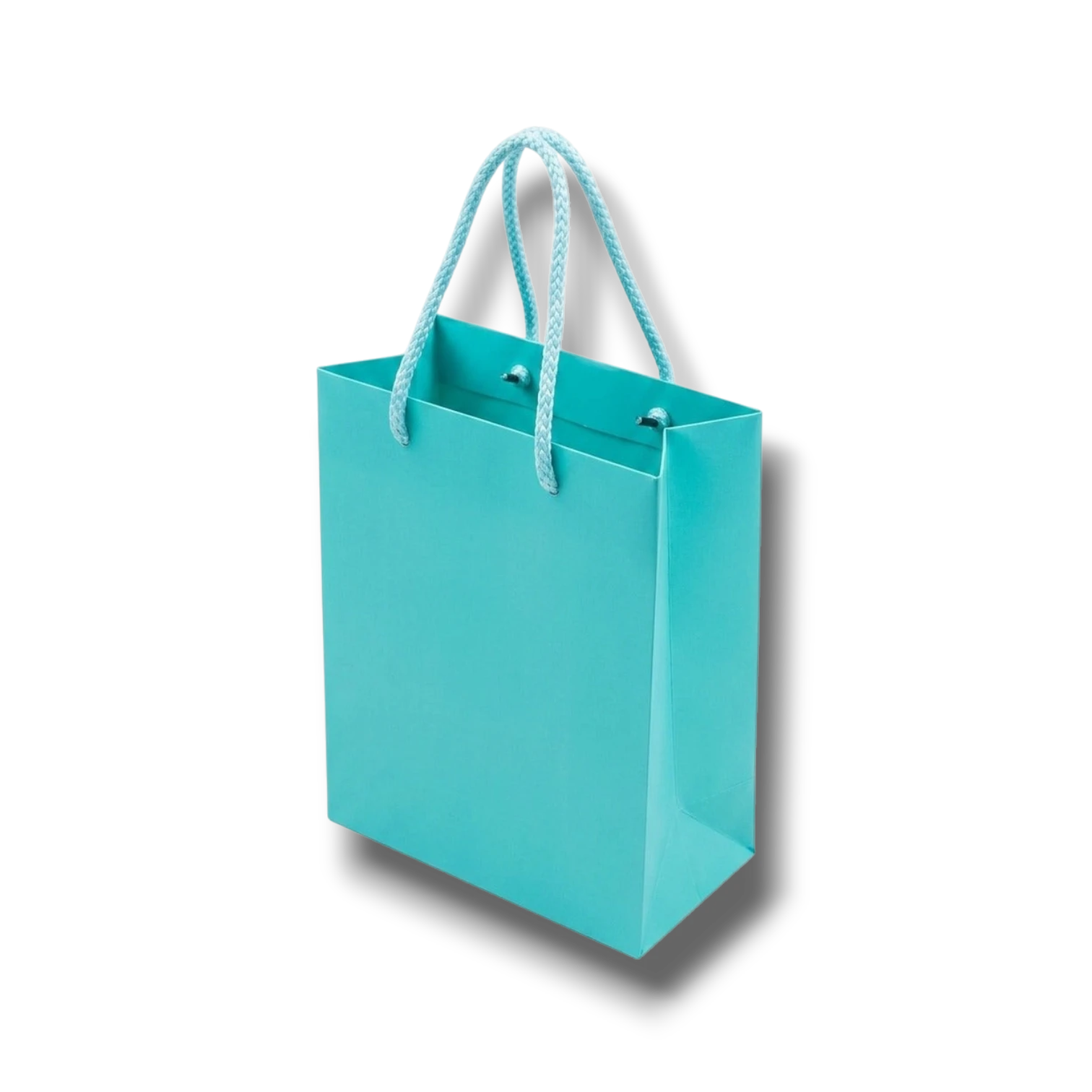 Bolsa de regalo mini PartyStore de color turquesa con asas de cuerda trenzada sobre fondo blanco