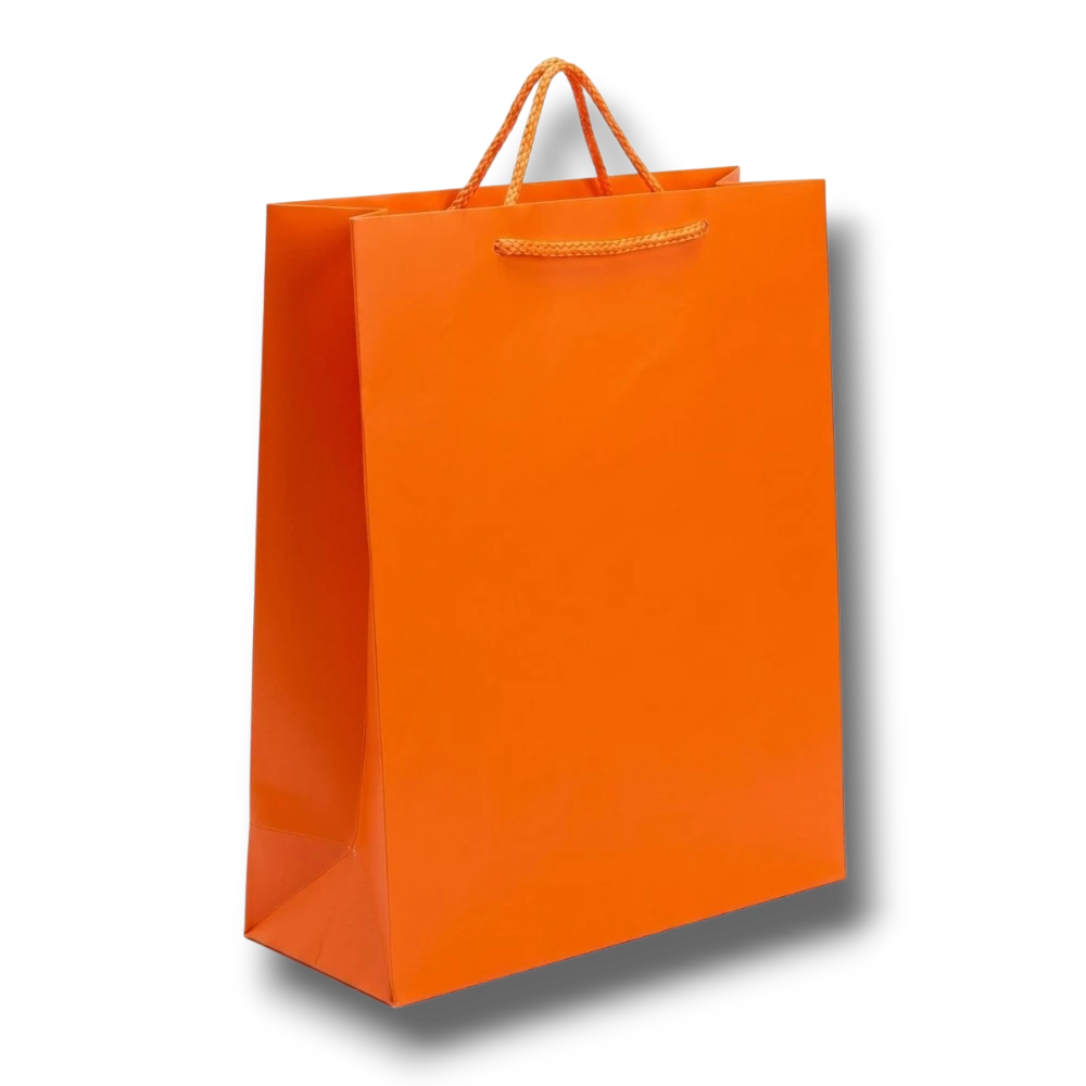 Bolsa de regalo mediana PartyStore de color naranja con asas de cuerda, ideal para obsequios y celebraciones.