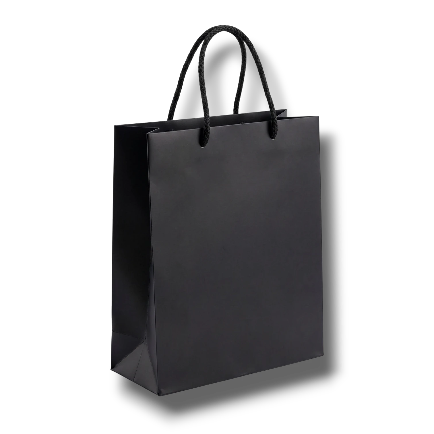 Bolsa de regalo mediana negra de PartyStore con asas de cuerda trenzada sobre fondo blanco