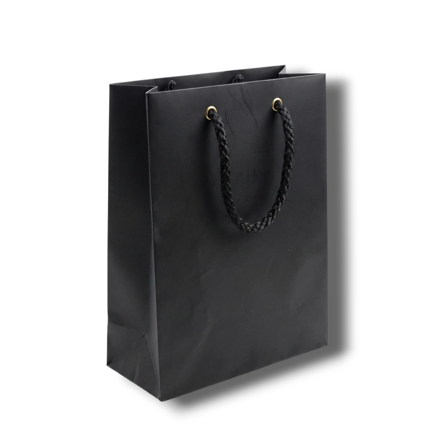 Bolsa de regalo PartyStore negra de papel con asas de cuerda trenzada y ojales dorados, 27cm de alto