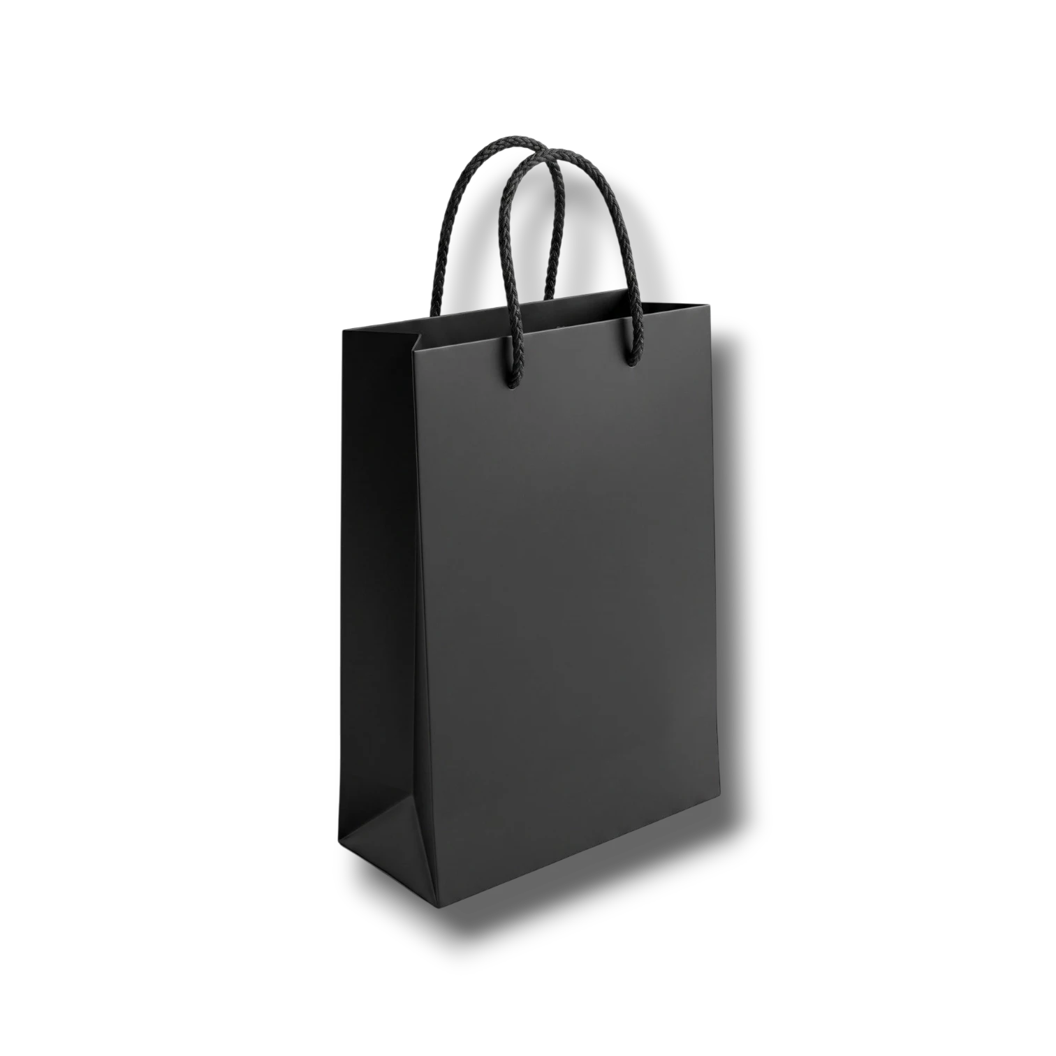 Bolsa de regalo PartyStore negra de 22cm de alto con asas trenzadas, ideal para perfumería y detalles elegantes.