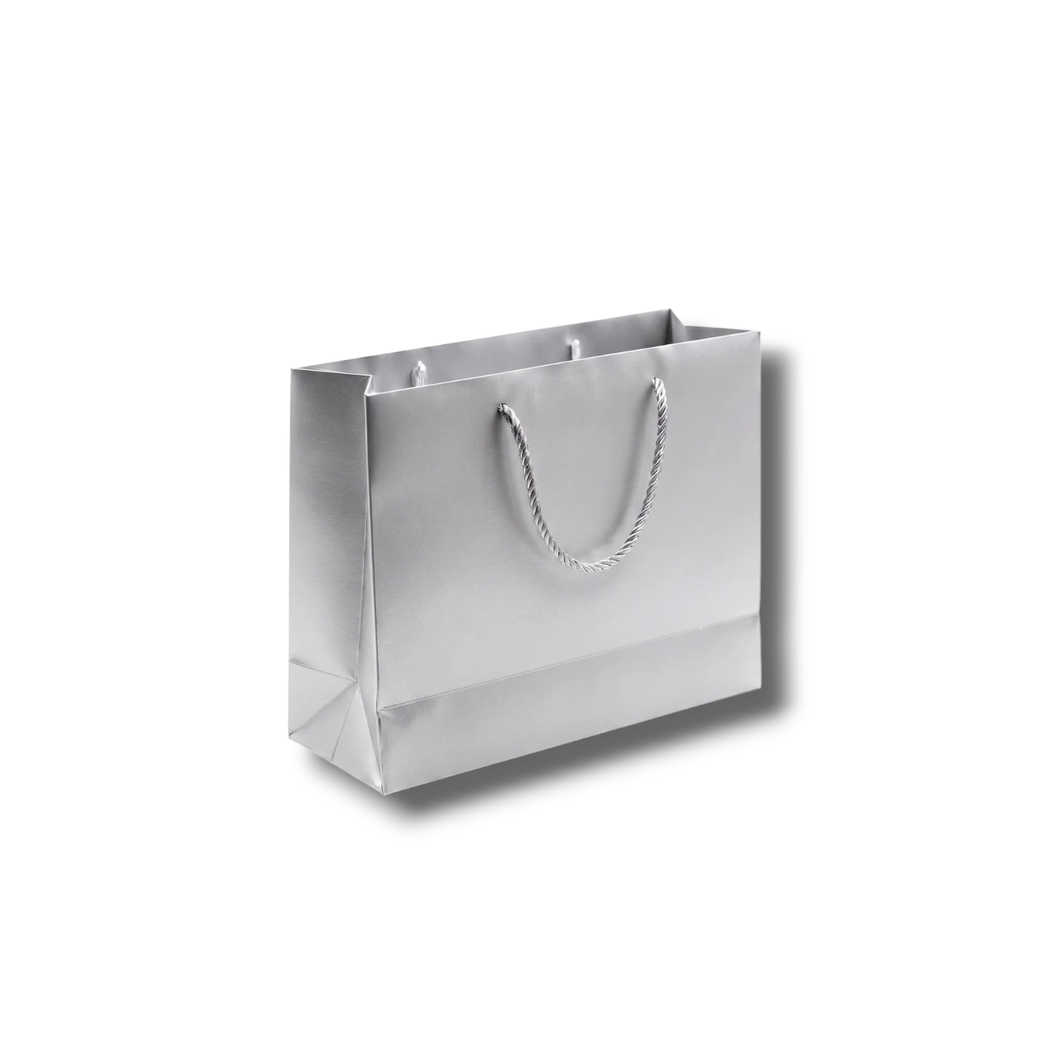 Bolsa de regalo PartyStore color plata con acabado brillante y asas de cuerda trenzada a juego
