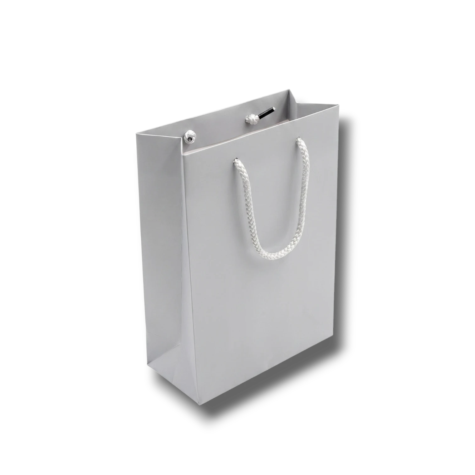 Bolsa de regalo PartyStore color plata de 22cm de alto con asas de cuerda blanca para perfumería