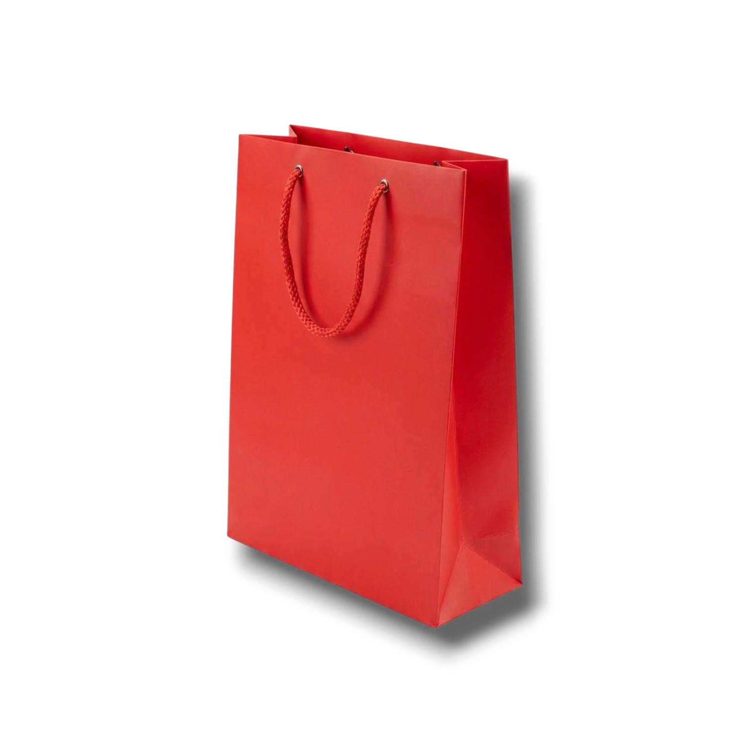 Bolsa de regalo roja PartyStore de 27x20x9 cm con asas de cuerda trenzada, ideal para obsequios elegantes.