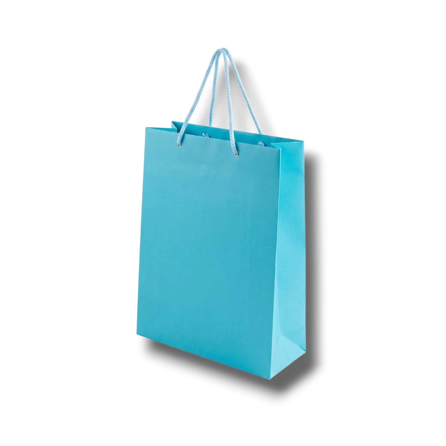 Bolsa de regalo grande color turquesa de PartyStore con asas de cuerda trenzada sobre fondo blanco