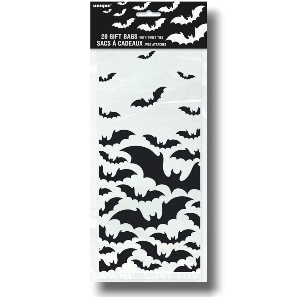 PartyStore Bolsas de celofán transparentes con diseño de murciélagos negros para Halloween, paquete de 20.