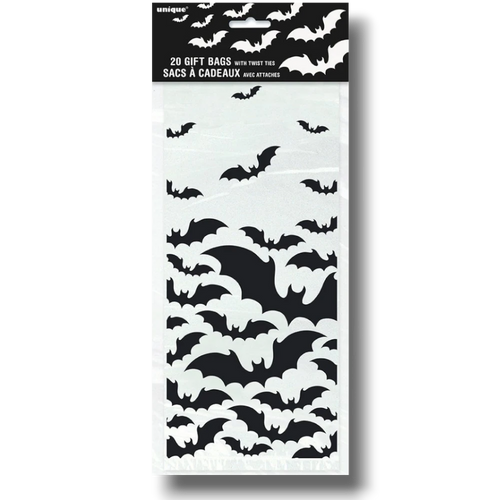 PartyStore Bolsas de celofán transparentes con diseño de murciélagos negros para Halloween, paquete de 20.