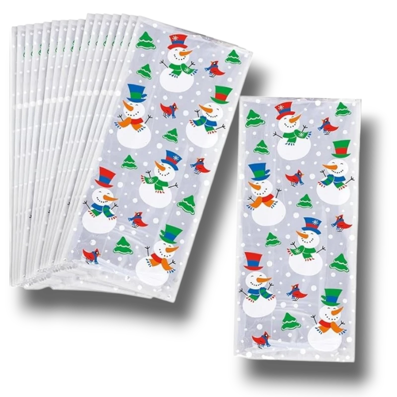 Bolsas de celofán PartyStore con estampado de muñecos de nieve, árboles y pájaros para dulces navideños, paquete 20