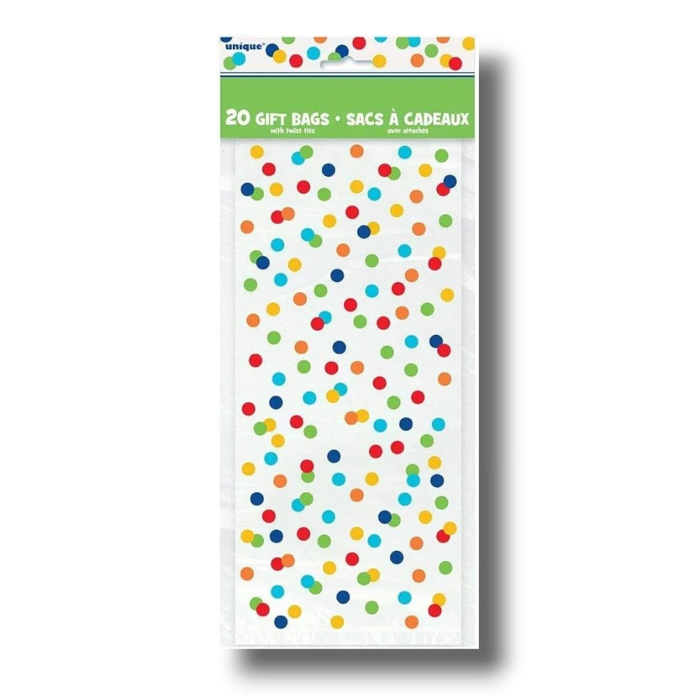 Paquete de 20 bolsas de celofán PartyStore transparentes con diseño de puntos de colores y cierres incluidos