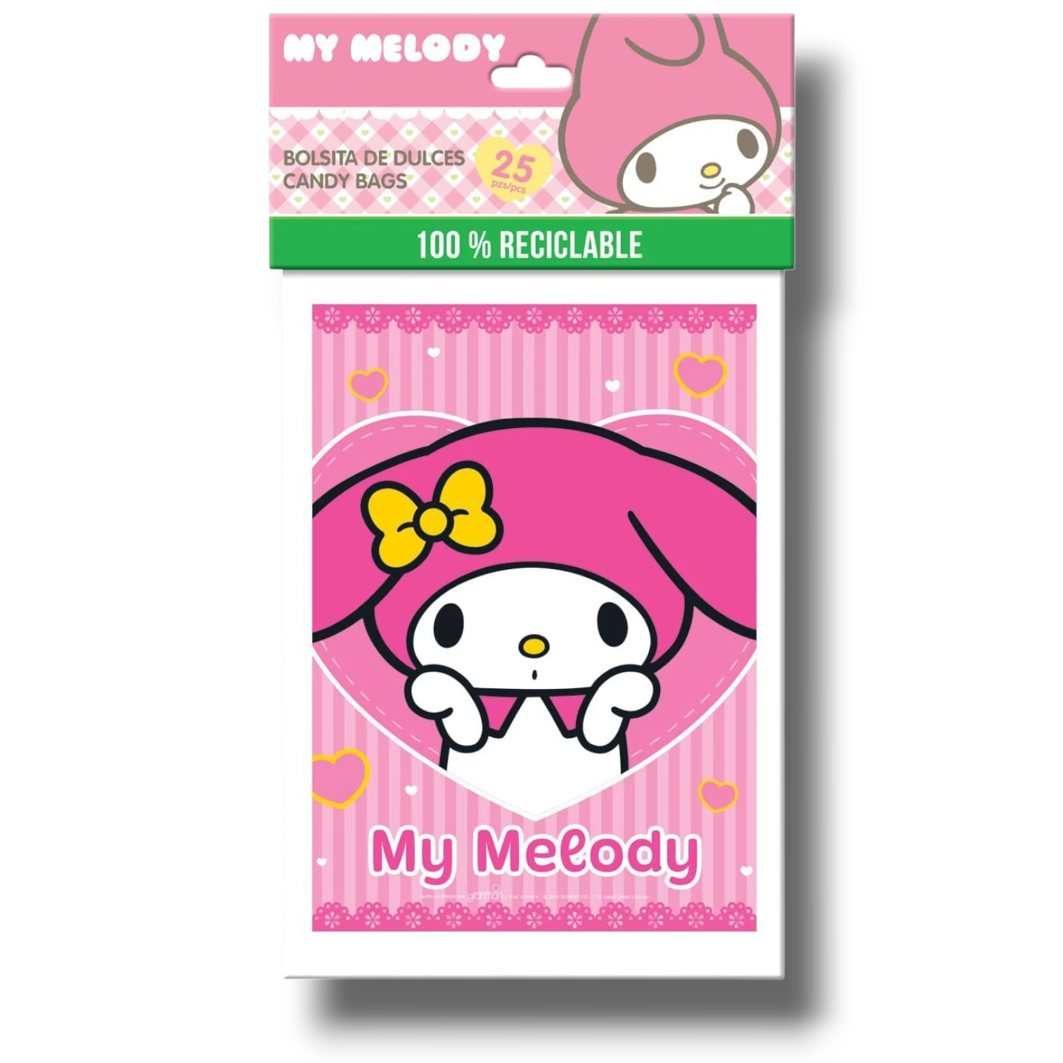Paquete de 25 bolsas para dulces PartyStore con diseño de My Melody en color rosa con corazones y lazo amarillo