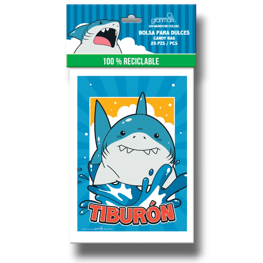 Paquete de 25 bolsas de dulces PartyStore con diseño de tiburón azul saltando en el agua para fiestas infantiles