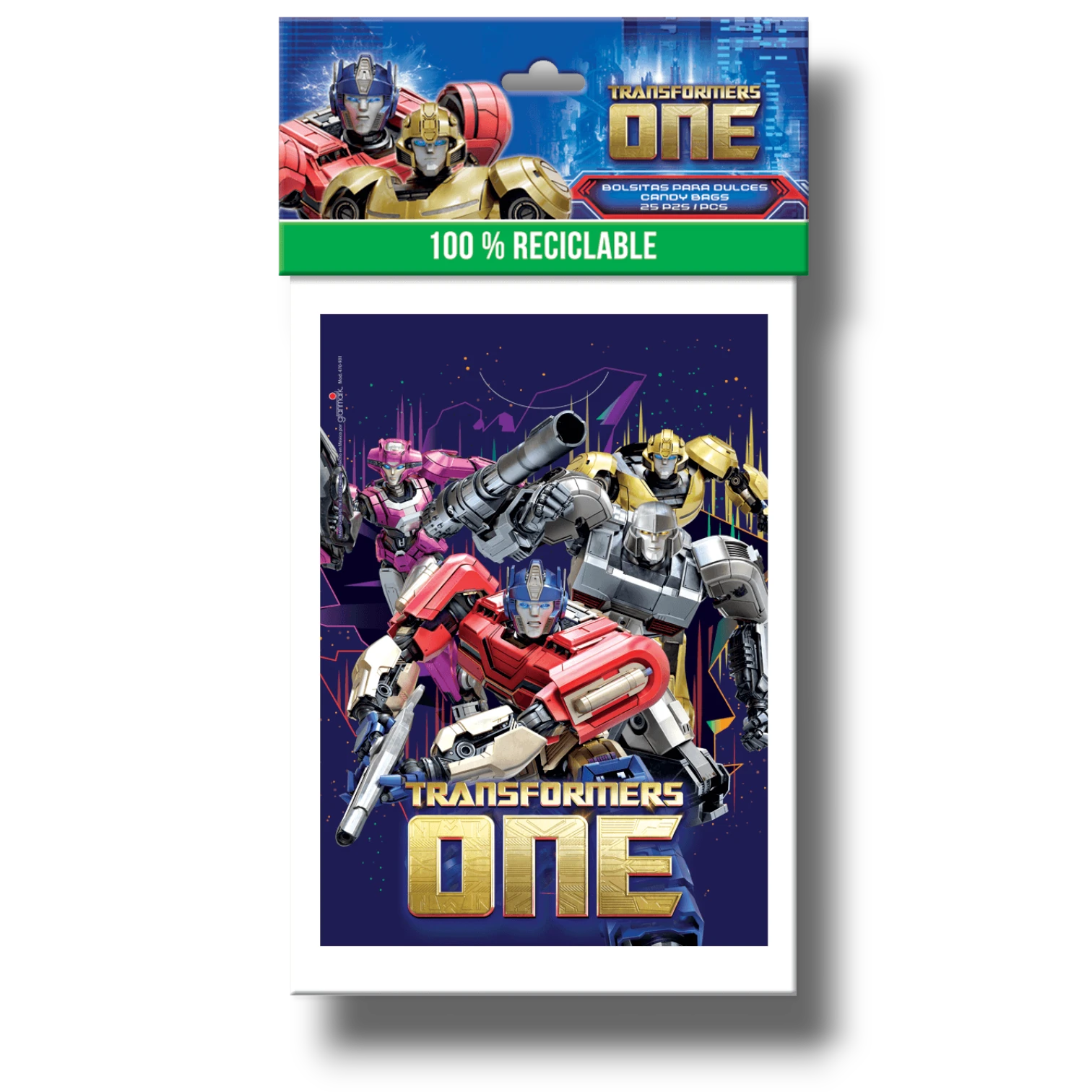 Paquete de 25 bolsas para dulces PartyStore con diseño de Transformers One y personajes en acción