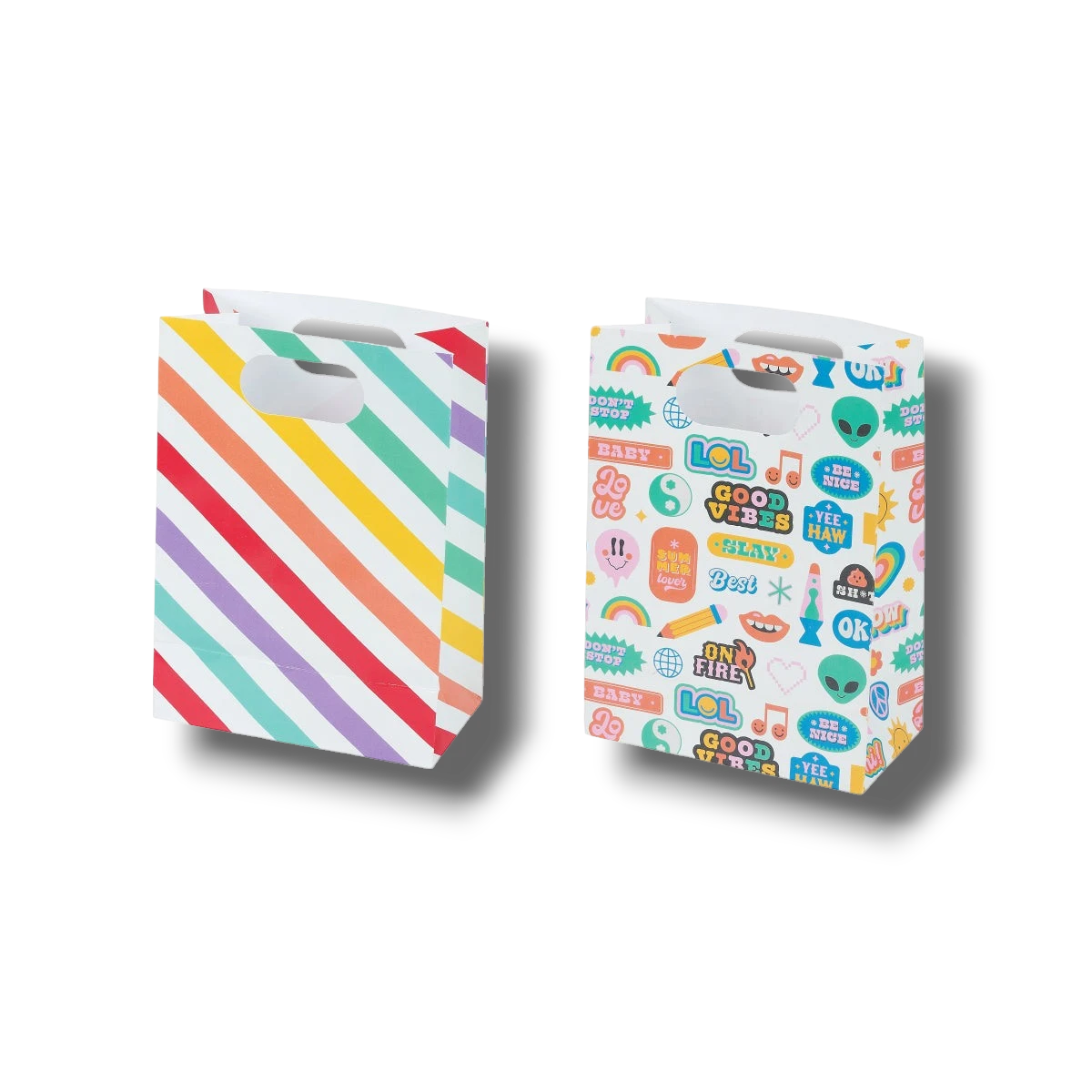 Bolsas de papel PartyStore con diseño de rayas coloridas y pegatinas divertidas, paquete de 8 unidades