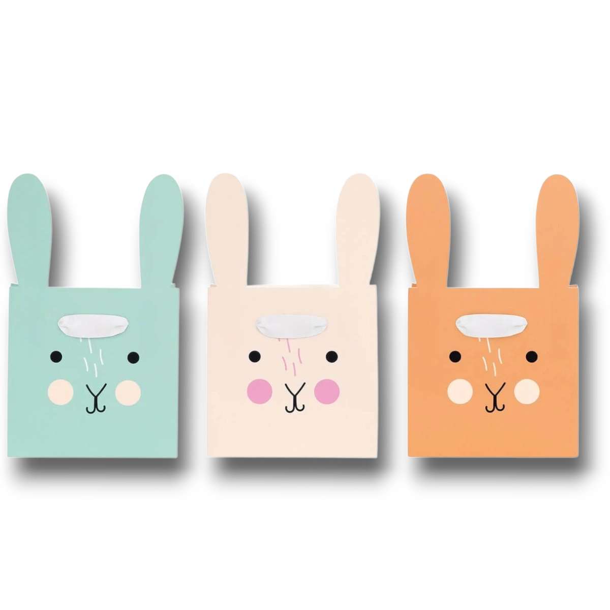 Set de 3 bolsas de regalo PartyStore con forma de conejito en colores pastel verde, crema y naranja