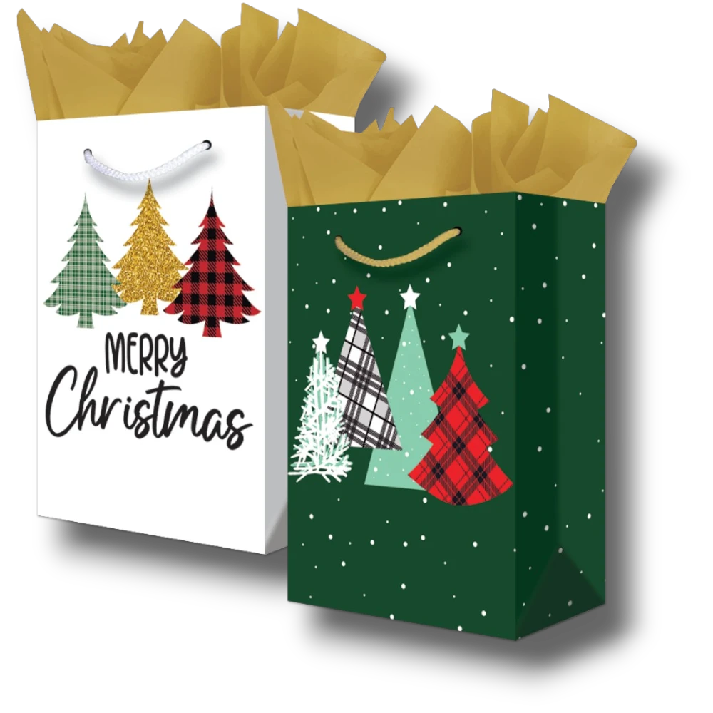 Bolsas de regalo PartyStore con diseño de árboles de Navidad, cuadros escoceses y papel seda dorado