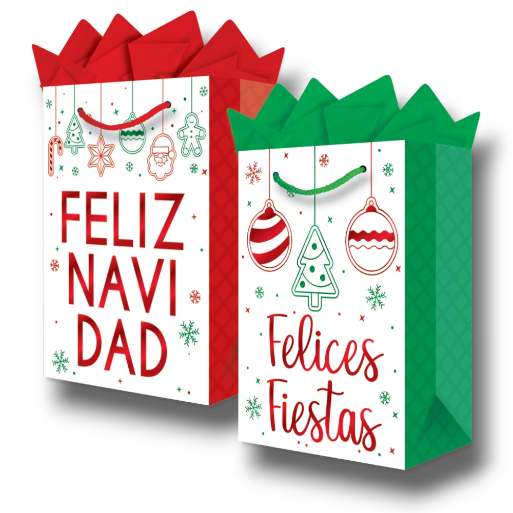Bolsas de regalo PartyStore con diseño navideño de esferas, copos de nieve y texto Feliz Navidad y Felices Fiestas.