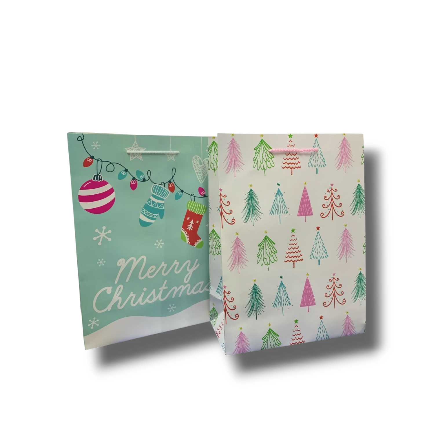 Bolsas de regalo PartyStore con diseño navideño de pinos, esferas y calcetines en tonos pastel y blanco