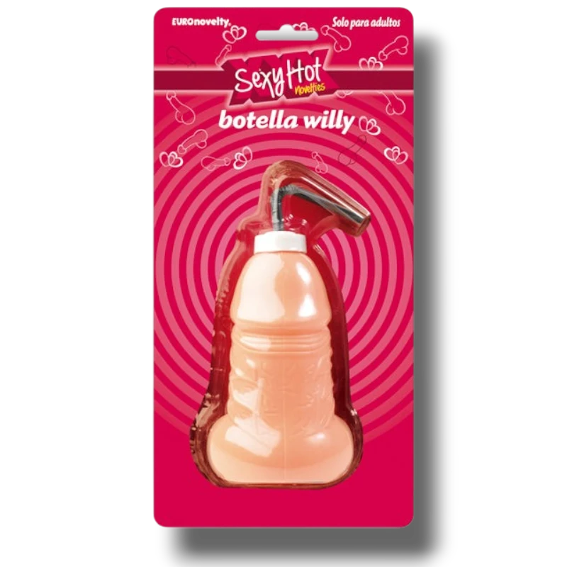 Botella con popote PartyStore en forma de pene color carne para fiestas de adultos en empaque original