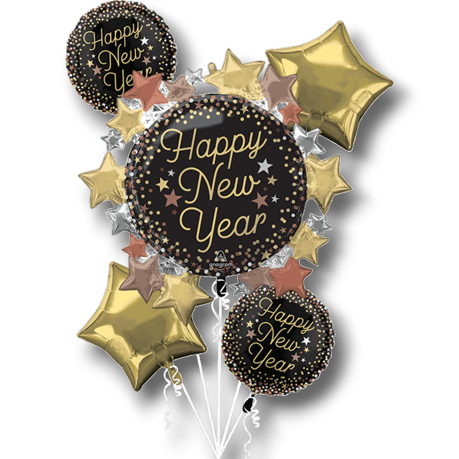 Set de globos PartyStore Bouquet Luxe Happy New Year con globos redondos negros y estrellas doradas y cobrizas