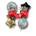 Bouquet de globos PartyStore con coche de carreras rojo, estrellas doradas y diseño de bandera a cuadros