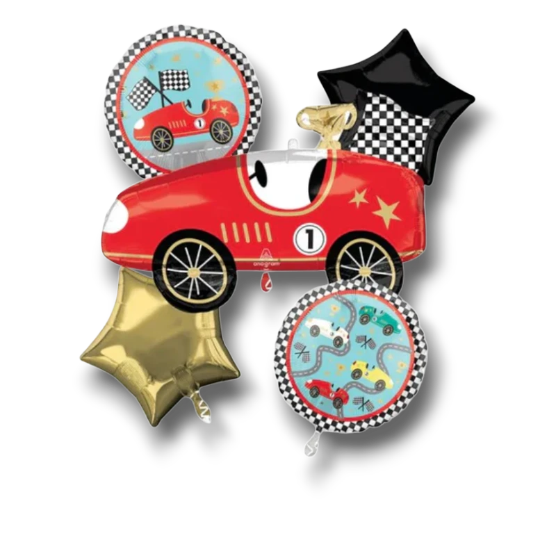 Bouquet de globos PartyStore con coche de carreras rojo, estrellas doradas y diseño de bandera a cuadros