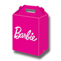 Caja para dulces PartyStore de color rosa intenso con el logotipo de Barbie en blanco, ideal para fiestas infantiles.